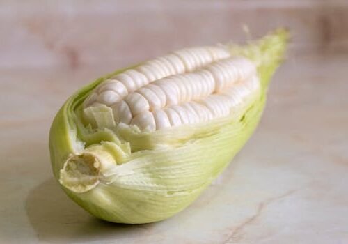 Close-up of fresh choclo corn with husk on marbled background, showcasing natural textures.